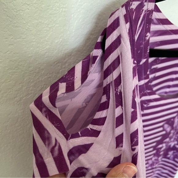 2/$30 Lane Bryant Purple Striped Floral Beaded Cold Shoulder Short Sleeve Top - Picture 3 of 11